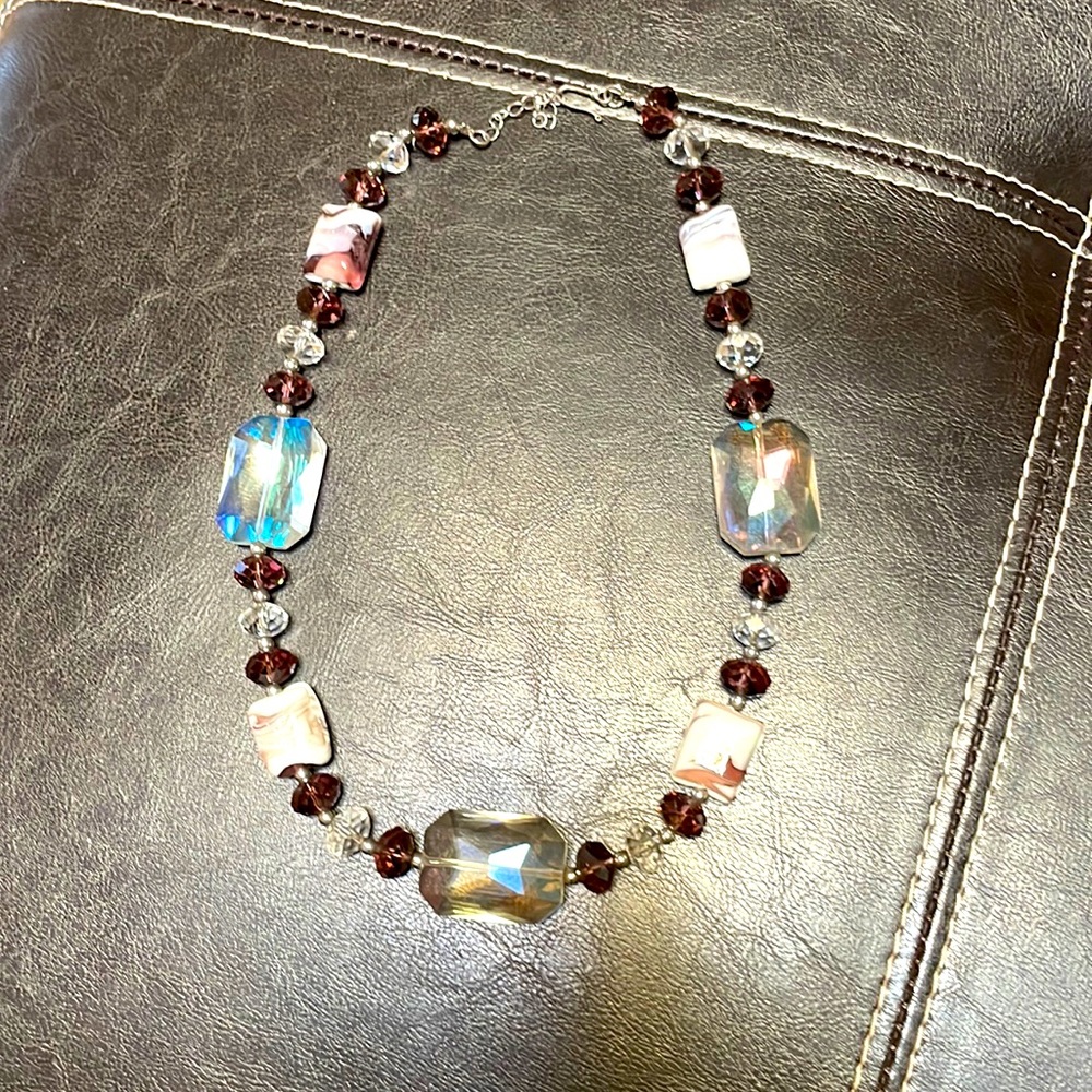 Purple, marble, and iridescent stone necklace